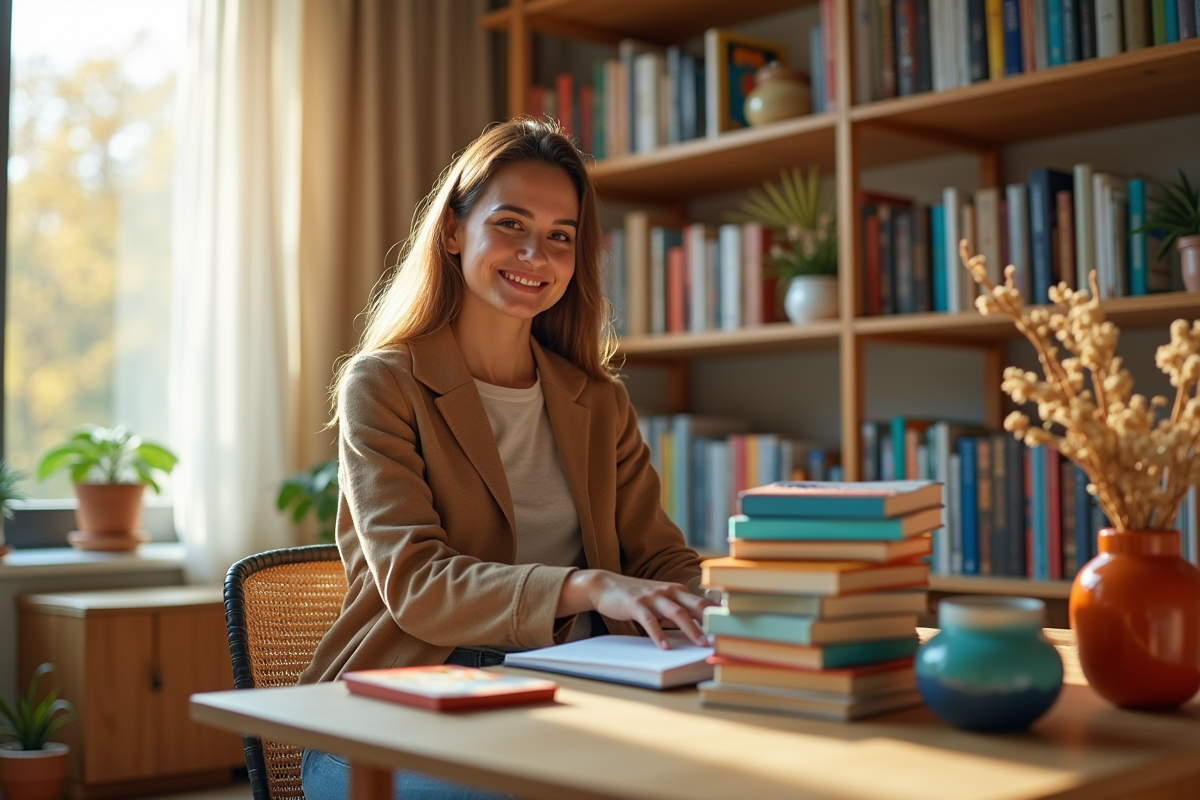 Personne arrangeant livres colorés dans un salon lumineux