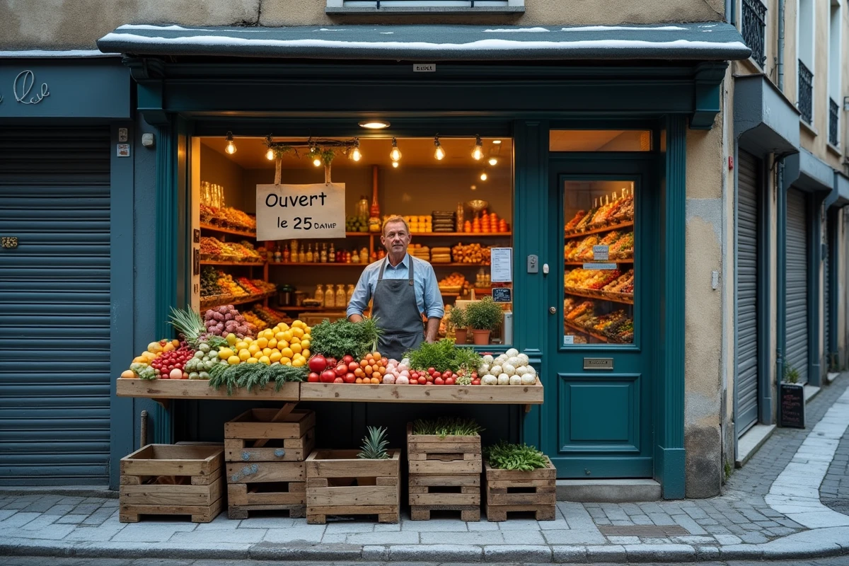 Épicerie de quartier ouverte le jour de Noël avec son propriétaire devant l'étal de fruits et légumes, commerces environnants fermés