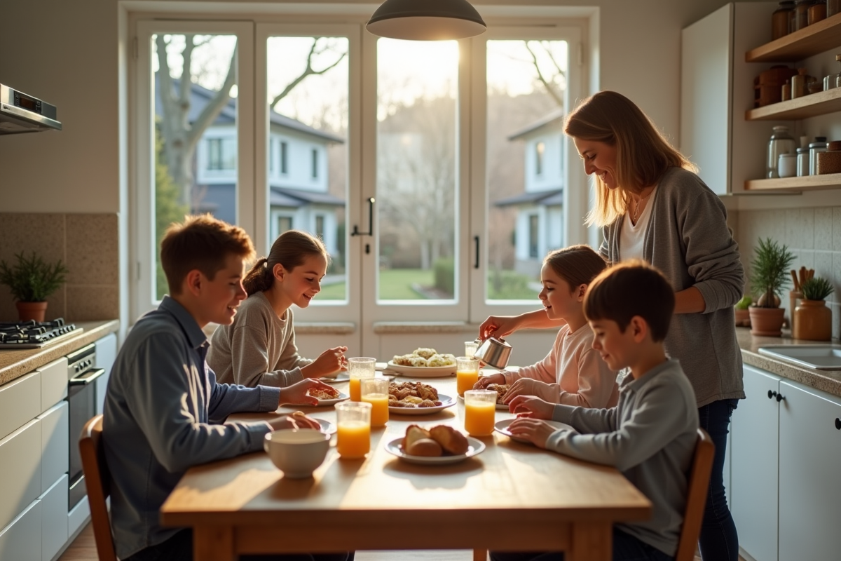 Famille prenant le petit déjeuner dans une cuisine moderne lumineuse