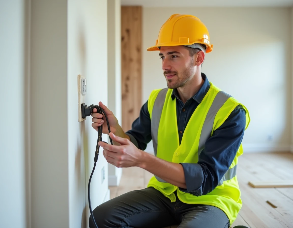 Électricien de Petit Elec installant une prise dans une maison neuve en banlieue d'Angers