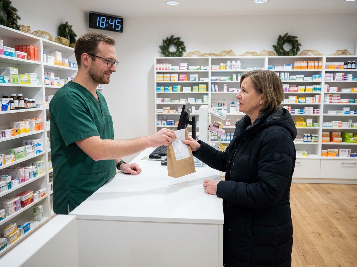 Pharmacien remettant une ordonnance à une patiente dans une pharmacie ouverte en période de fêtes de fin d'année