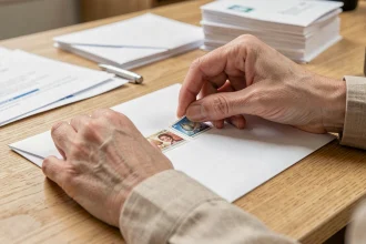 Femme collant deux timbres côte à côte dans le coin supérieur droit d'une enveloppe blanche sur un bureau en bois