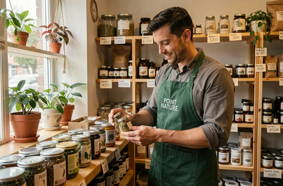 Intérieur du magasin Point Nature avec un vendeur en tablier vert arrangeant des tisanes et compléments naturels sur des étagères en bois