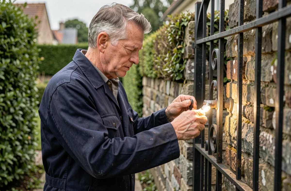 Dominique Pomarède, serrurier indépendant, inspectant la serrure d'un portail en fer forgé dans un jardin résidentiel de la Sarthe