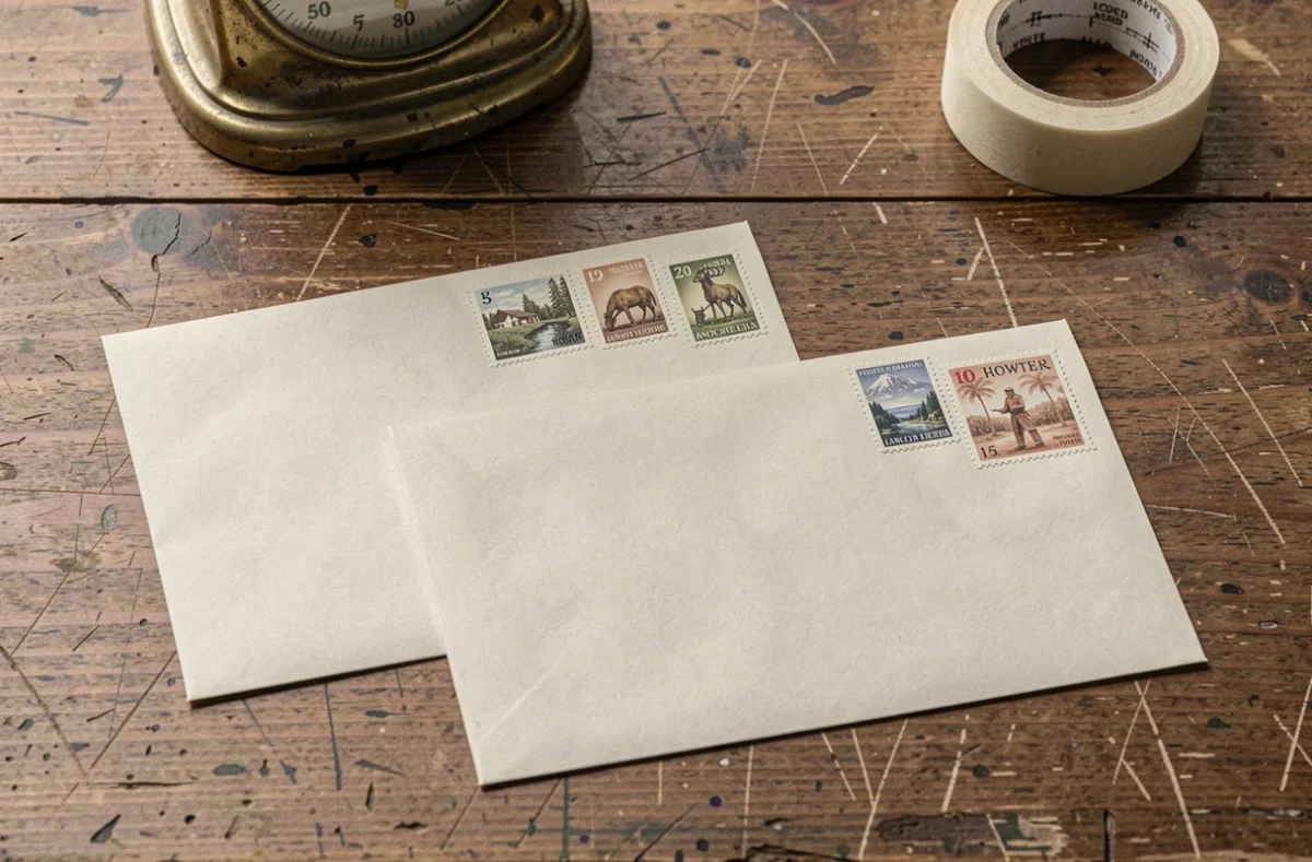 Vue de dessus de deux enveloppes avec plusieurs timbres collés dans le coin supérieur droit sur un comptoir de bureau de poste en bois