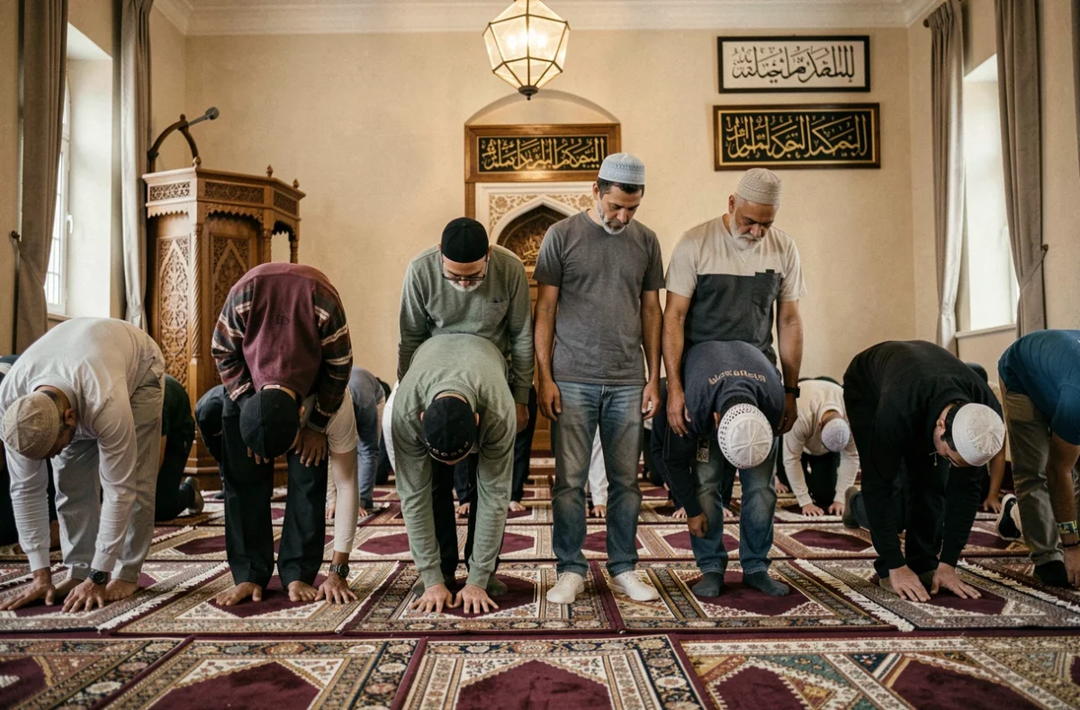 Groupe de fidèles en prière de l'icha alignés sur des tapis dans une salle de prière à Toulouse