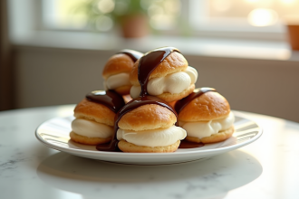 Assiette de profiteroles au chocolat glacé appétissant