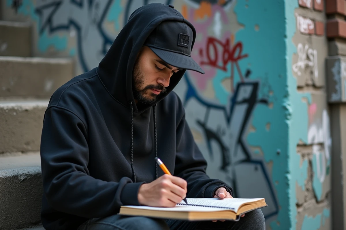 Rappeur urbain écrivant des lyrics de banger assis sur des marches en béton avec graffiti