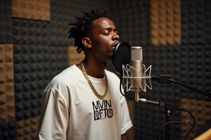Jeune rappeur enregistrant un banger en studio de rap devant un microphone professionnel