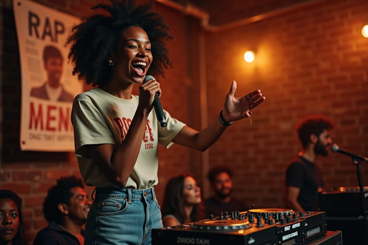 Rappeuse performant un banger sur scène dans une salle underground devant un public