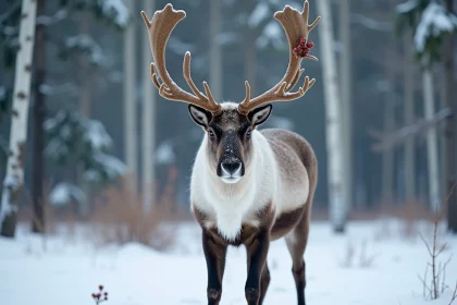 Renne majestueux dans une forêt enneigée scandinave avec des bois ornés de baies séchées et de neige fraîche