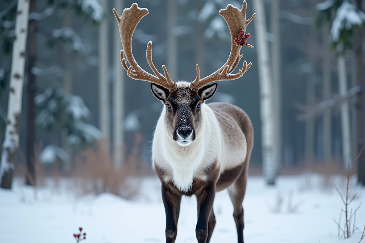 Renne majestueux dans une forêt enneigée scandinave avec des bois ornés de baies séchées et de neige fraîche