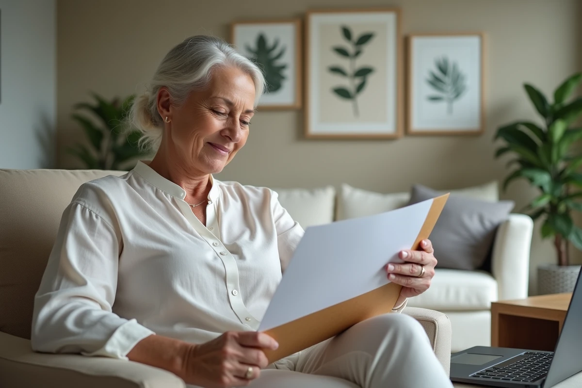 Femme mature gérant le renouvellement de son abonnement magazine depuis son salon