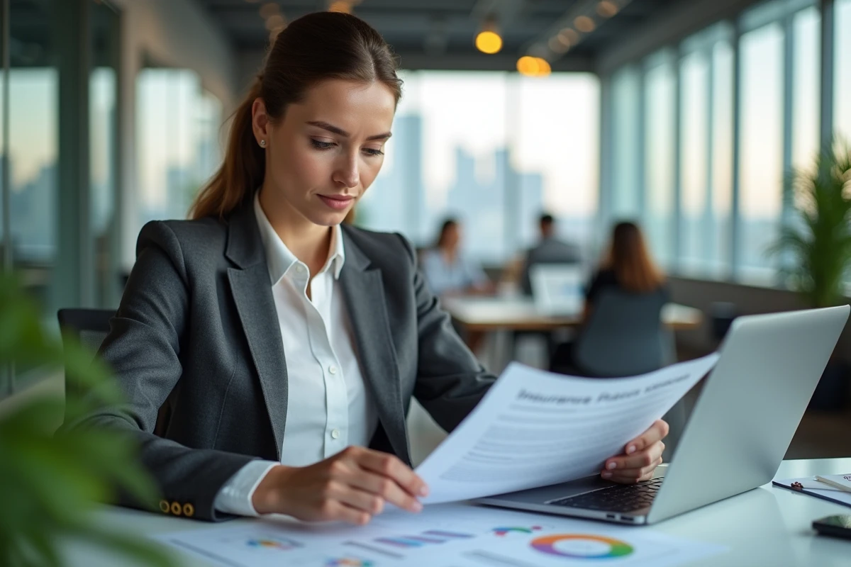 Responsable administrative comparant des contrats d'assurance flotte auto dans un bureau moderne
