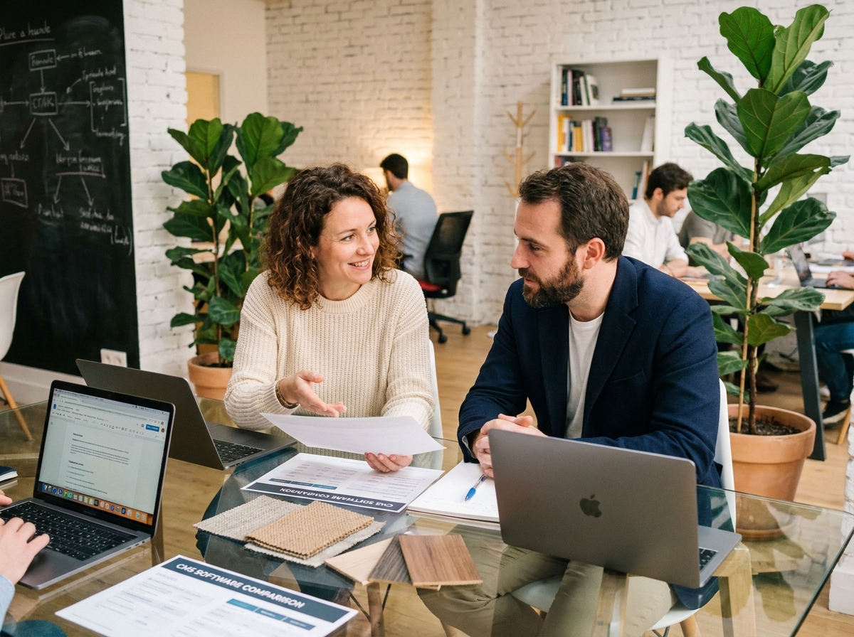 Deux professionnels comparant des solutions CMS françaises pour un projet de construction composite en réunion