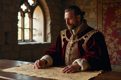 Roi médiéval en robe ornée tenant une carte ancienne