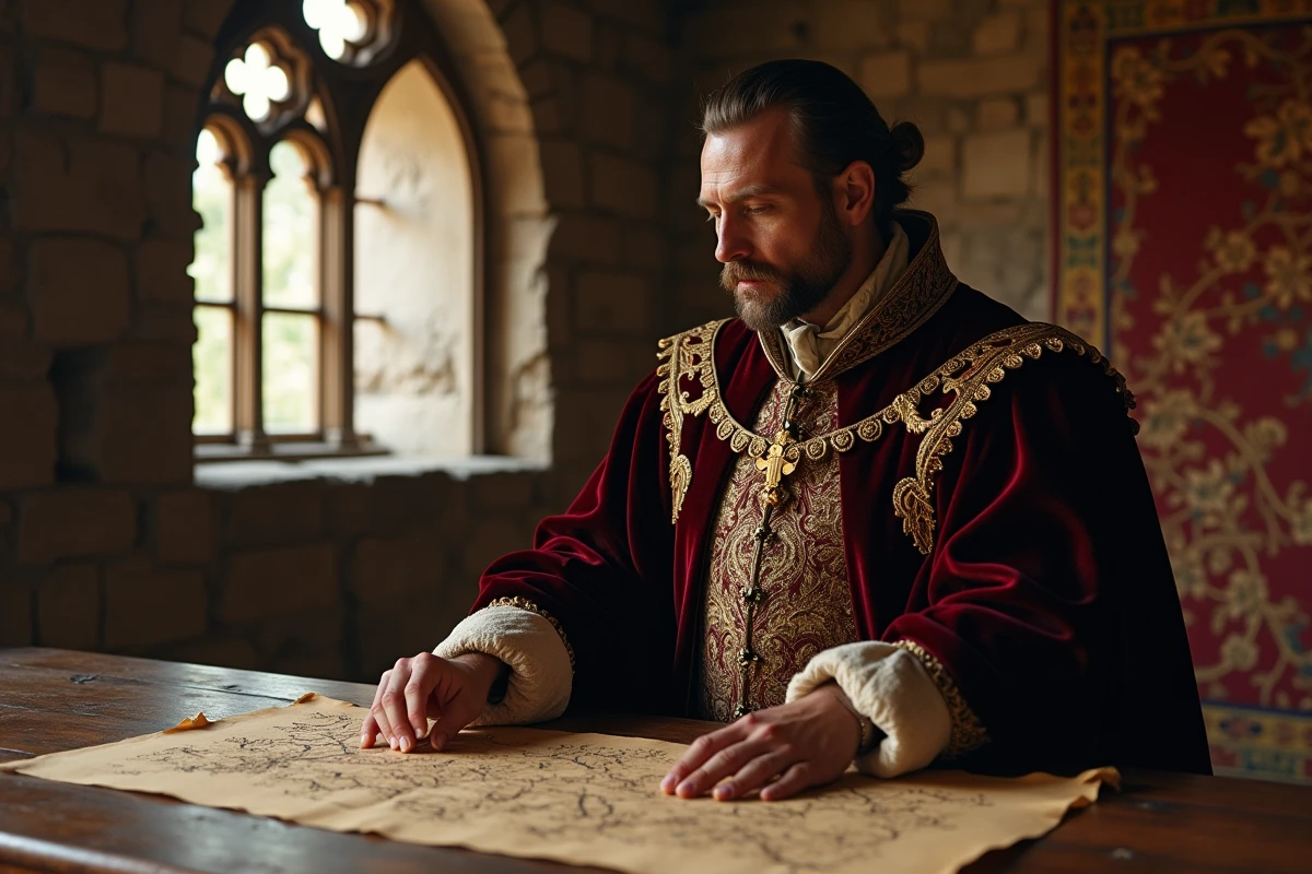 Roi médiéval en robe ornée tenant une carte ancienne