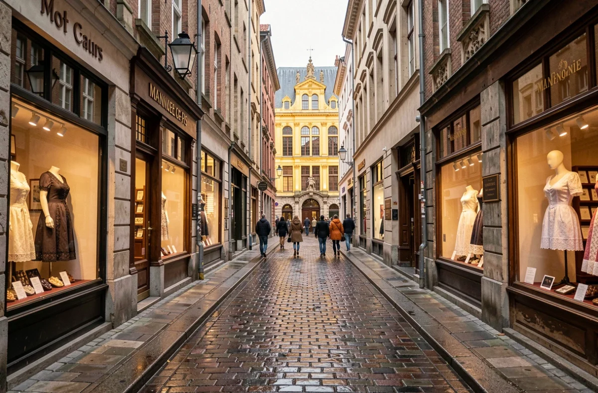 Ruelle piétonne pavée de Bruxelles reliant le Manneken-Pis à la Grand-Place bordée de boutiques