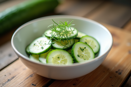 Salade de concombre frais avec sauce crémeuse dans un bol blanc