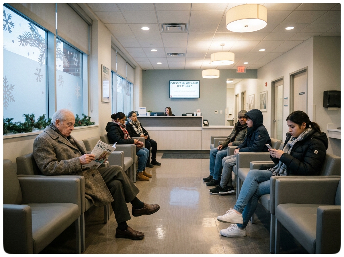 Salle d'attente médicale avec des patients en tenue hivernale pendant la période de fin d'année avec horaires étendus