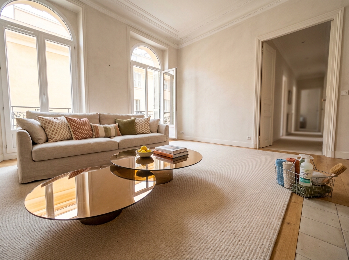 Salon propre et bien rangé dans un appartement niçois après une prestation de ménage régulier par Centre Services