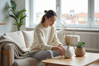 Femme dans un salon scandinave minimaliste et lumineux