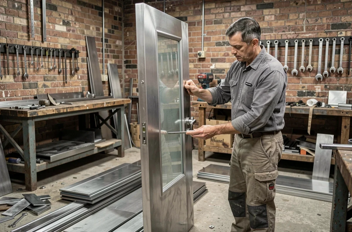 Artisan de Serrurerie Métallerie Jauneau ajustant un panneau en acier sur mesure dans son atelier de métallerie artisanale