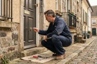 Serrurier professionnel intervenant devant une porte en pierre typique de la Sarthe, outils disposés au sol, illustrant les services de serrurerie d'urgence dans le département