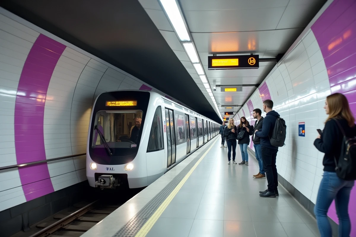Station de métro de Toulouse avec quai moderne, train VAL et voyageurs attendant sur le quai