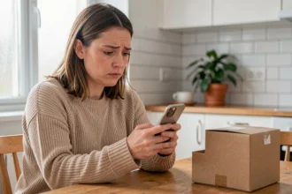 Femme consultant son téléphone pour suivre un colis livré à domicile, vue dans une cuisine moderne