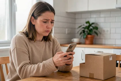 Femme consultant son téléphone pour suivre un colis livré à domicile, vue dans une cuisine moderne