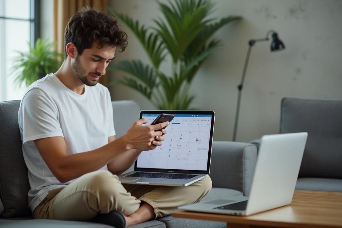 Jeune adulte synchronisant son agenda numérique sur smartphone et ordinateur portable pour intégrer les semaines paires et impaires 2026