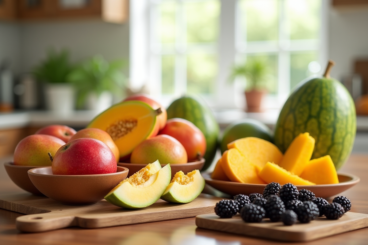 Table de fruits colorés avec mangues melons et mûres