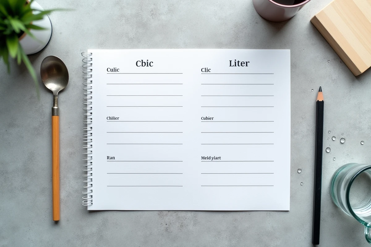 Vue à plat d'un mémo imprimé de conversion cm cube en litres sur comptoir en béton gris, entouré d'une cuillère en inox, d'un bécher en verre et d'un crayon