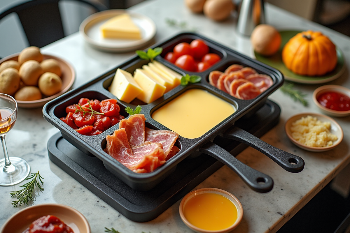 Table de raclette bien organisée avec fromage et charcuterie