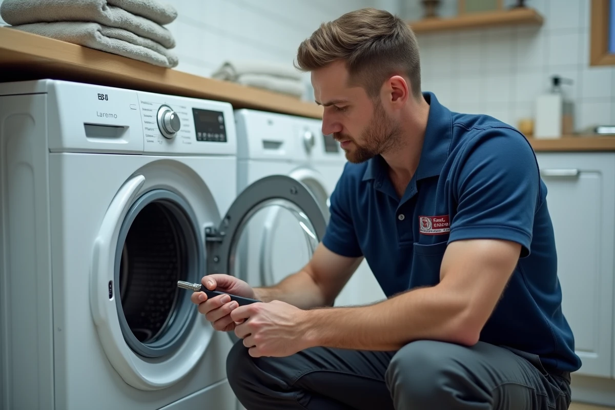 Technicien SAV Darty en intervention à domicile réparant un lave-linge dans une salle de bains