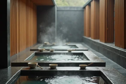 Espace thermal japonais traditionnel avec bassins en pierre et vapeur d'eau, ambiance zen et sereine d'un onsen authentique