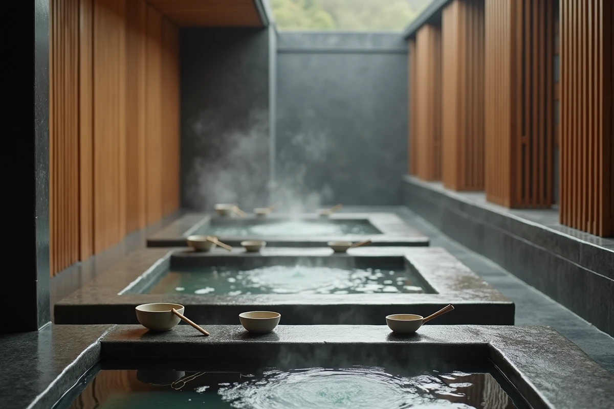 Espace thermal japonais traditionnel avec bassins en pierre et vapeur d'eau, ambiance zen et sereine d'un onsen authentique