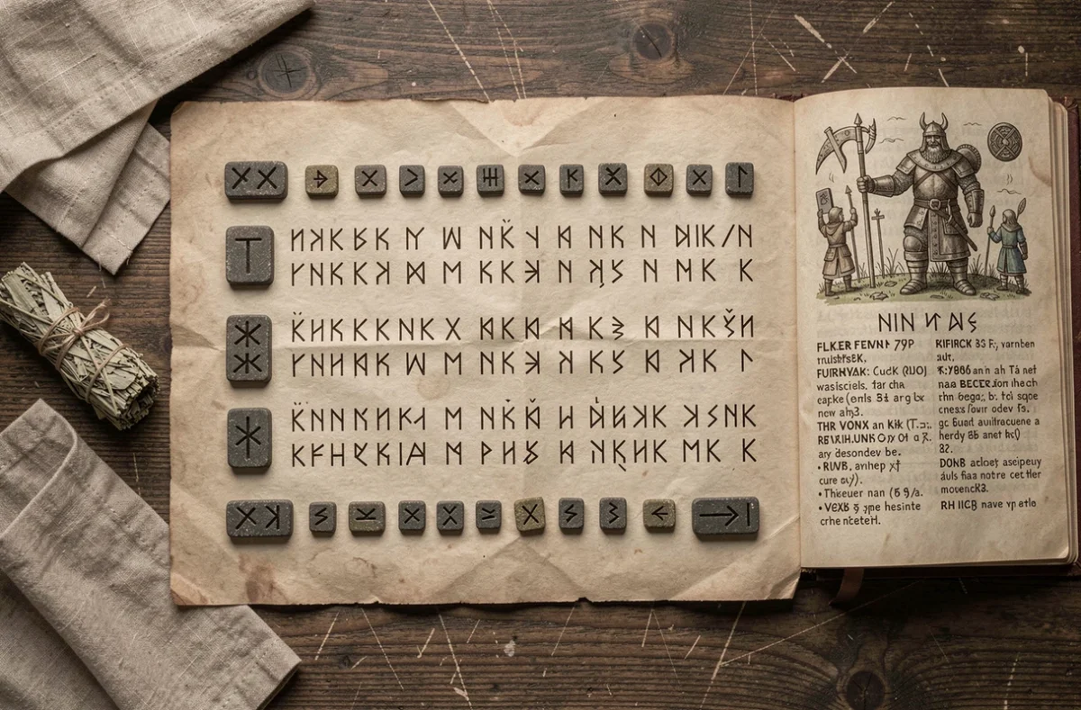 Vue aérienne d'un tirage de runes vikings et celtiques sur parchemin avec pierres gravées et manuscrit illustré