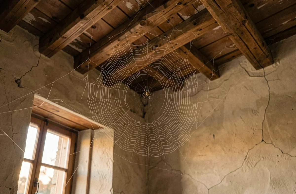 Toile d'araignée dans le coin du plafond d'une maison rustique avec une araignée au centre