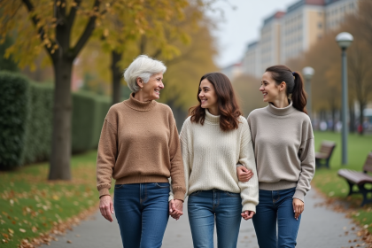 Trois générations de famille dans un parc urbain souriant