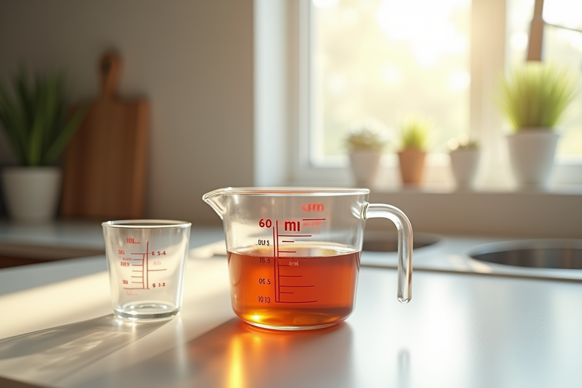 Verre mesureur de cuisine rempli à 60 ml avec lumière naturelle