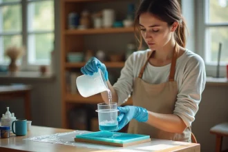 Femme versant de la résine louban dans un moule en silicone avec des bulles d'air visibles, erreur fréquente lors de la première utilisation