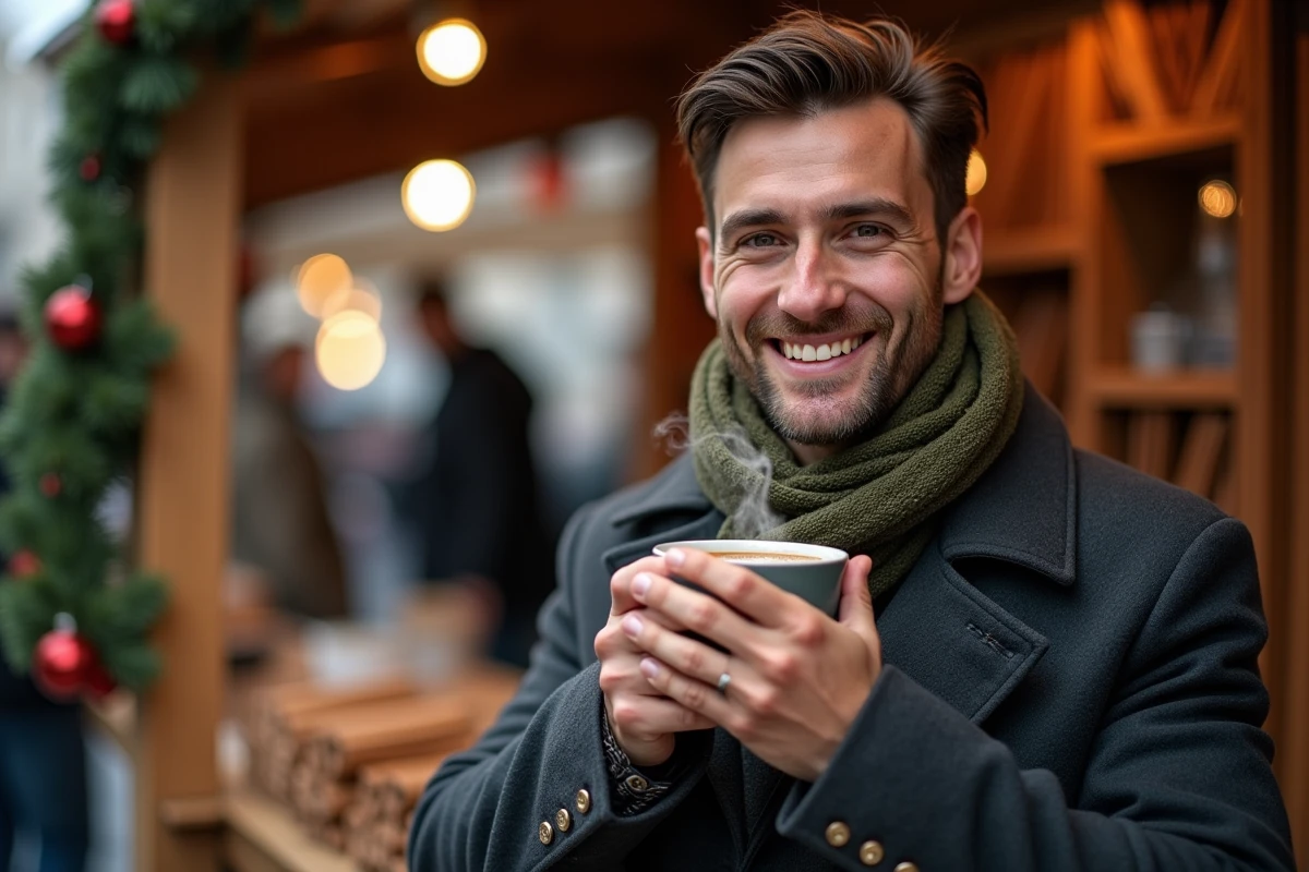 Homme tenant un mug de vin chaud au marché de Noël de Lyon par temps froid