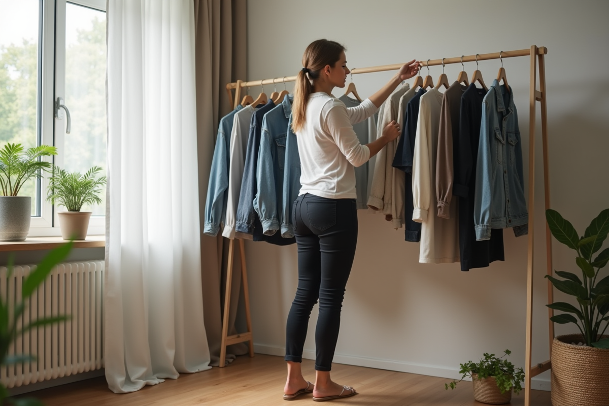 Femme arrangeant une garde-robe minimaliste dans un appartement lumineux